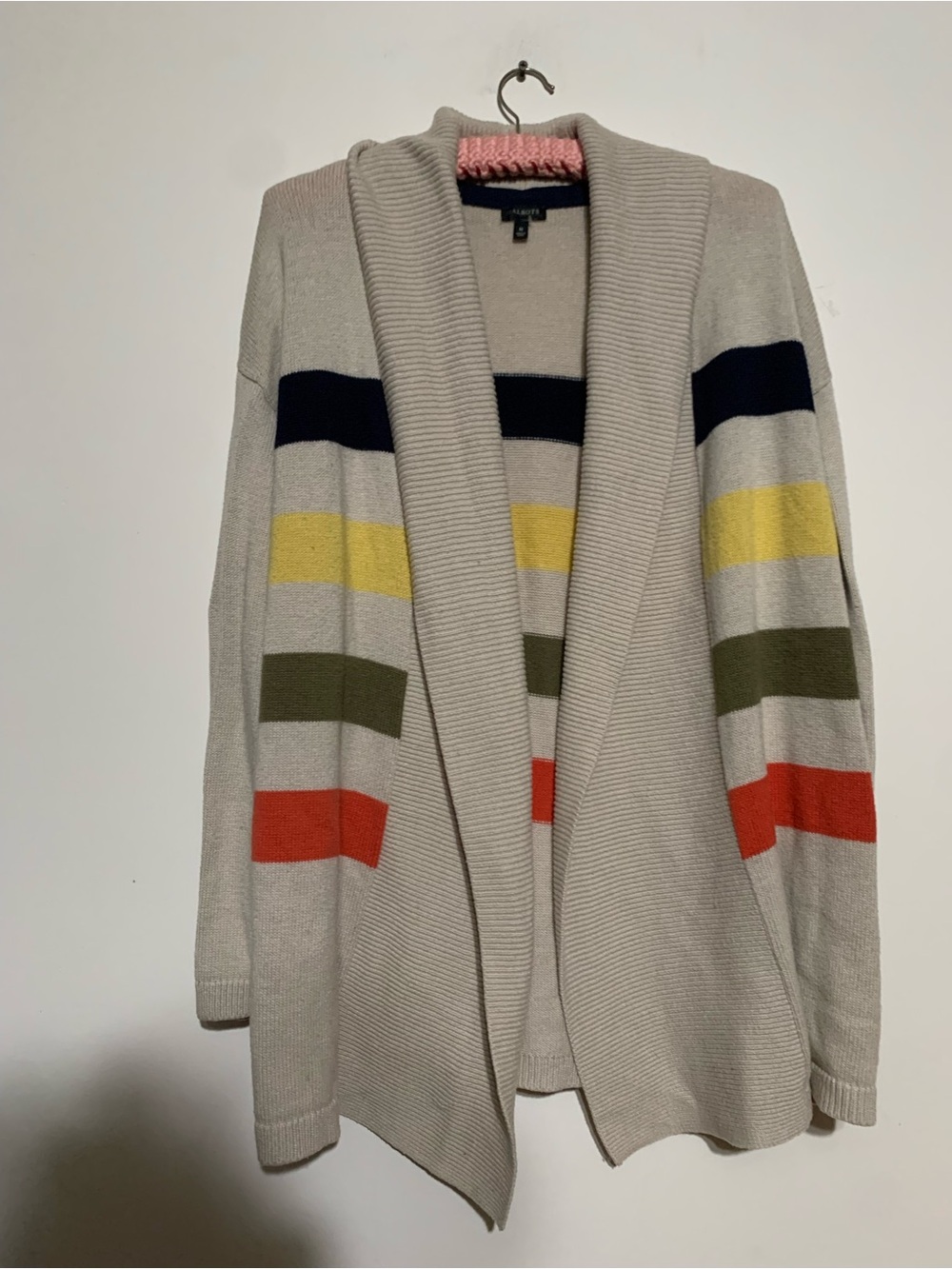 Talbots Cream Open-Front Cardigan with Multicolor Sleeve Stripes